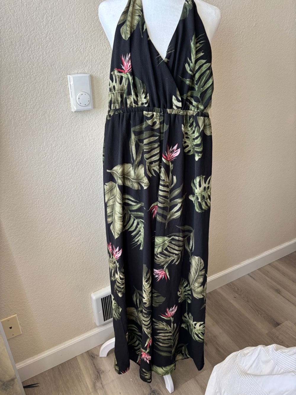SO Black Maxi Dress with Olive Green Leaf Accents
